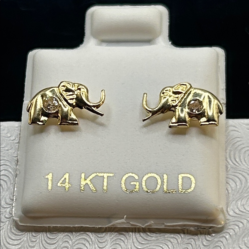 14 KT Solid Gold Elephant Stud Earrings Crystal Belly Small Dainty Animal Gift